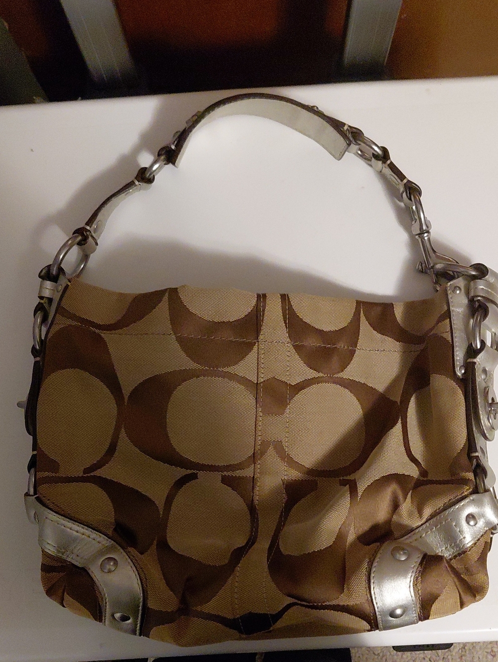 Coach Logo Shoulder Bag in Khaki and Brown with Silver Accents